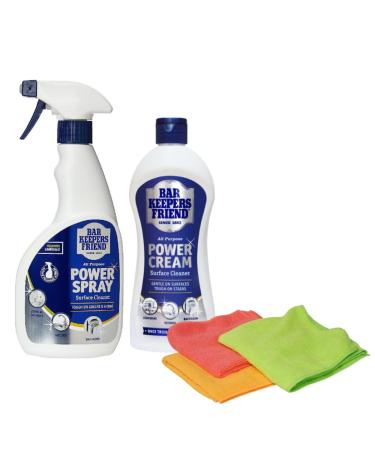 Multi Surface Stain Remover Cleaning Bundle with 1x Bar Keepers Friend Power Spray 500ml 1x BarKeepers Friend Power Cream 350ml & 3 x Super Absorbent Microfibre Cloths