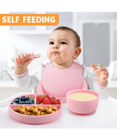Baby Feeding Set - Silicone Bib, Suction Divided Bowl, Spoon & Fork - Toddler Utensils - Pink (6 Months) | Baby Led Weaning Supplies - Buy Online on GoSupps.com