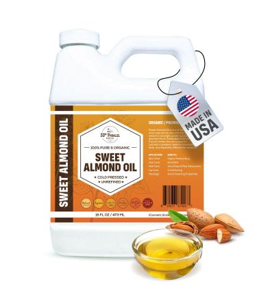 ORGANIC SWEET ALMOND OIL (16 oz) Premium Cold Pressed Unrefined | 100% Pure Sweet Almond Oil for Skin Face Hair Soap Making | Carrier for Essential Oils | Available in Bulk | 16 FL OZ