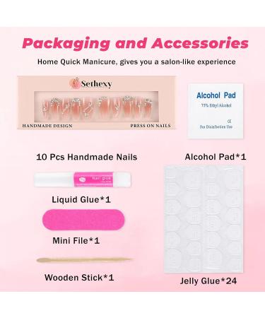 Sethexy Long Coffin False Nails - Handmade 3D Crystal Chain Acrylic Nail Art for Women & Girls - Salon Quality - Buy Online on GoSupps.com