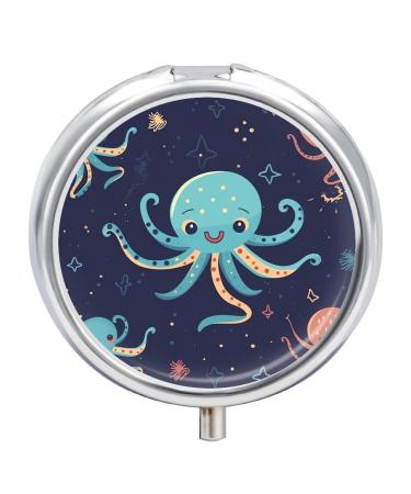 Pill Box Pill Case 3 Compartment Travel Pill Box Cartoon Octopus Printing Small Pill Box Portable Medicine Pill Case Pill Organizer for Purse & Pocket for Travel Handbag (Round)