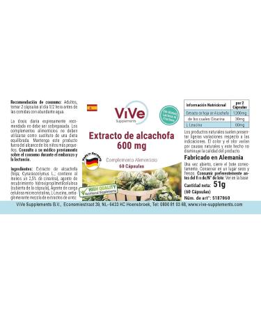 Artichoke Extract 600 mg - Vegan Capsules (60) | Standardized 2.5% Cynarin | High Quality from Germany - Vive Supplements - Buy Online on GoSupps.com