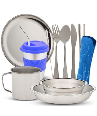 10-Piece Camping Dish Set - Stainless Steel Camp Mess Kit with Mesh Bag for Camping, Backpacking, Hiking - Complete Camping Dinnerware Set with Cup, Plate, Bowl, and Cutlery (with Zipper Cutlery Bag) Blue