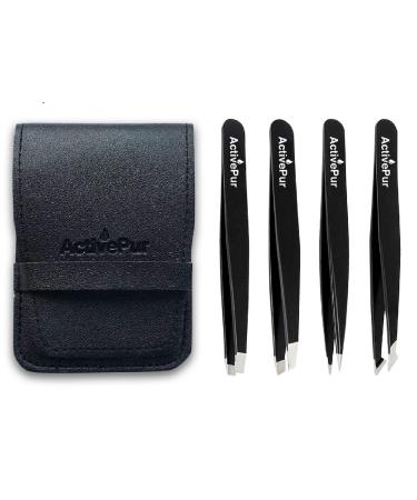 ActivePur  4 Pcs Tweezers Set Precision for Facial Hair  Ingrown Hair  Splinter for Eyebrows Blackhead and Tick Remover  Best Professional Stainless Steel Seller Hair Remover Tweezer Set w/PU Bag.