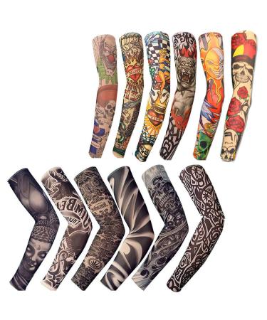 12 PCS Temporary Tattoo Sleeves for Men Women Seamless,Arts Arm Sunscreen Fake Piercings Tattoos Cover Up Sleeves,Designs Tiger, Crown Heart, Skull, Tribal,Etc Unisex Stretchable Cosplay Accessories