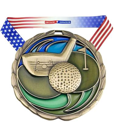 Decade Awards Golf Color Medal - 2.5 Inch Wide Tournament Medallion with Stars and Stripes American Flag V Neck Ribbon GOLD
