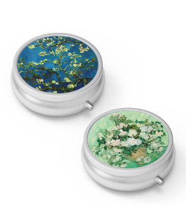 Pill dose 3 compartments Medicine Pill dose portable pill box for bag or wallet Pillendose Decorative Metal Medicine Vitamin Organizer Unique Gift (2 pieces) Set-2-van Gogh Almond Blossom+Vase with Pink Roses 2 pieces