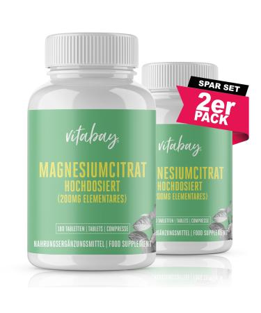 Vitabay magnesium citrate tablets vegan & laboratory test - 360 pieces (2er set) - 1278 mg magnesium citrate (200 mg elementary) - Magnesium high -dosed capsules 180 pieces (2 Pack) magnesium citrate