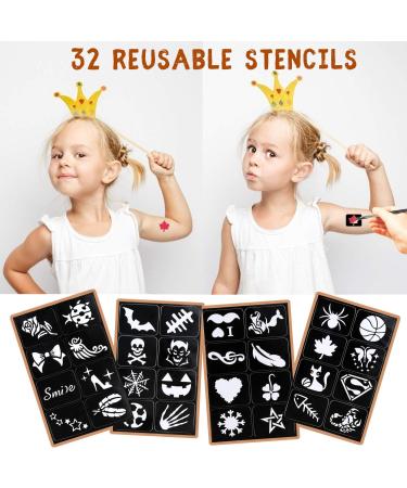Kids Face Paint Kit - 32 Stencils, 24 Large Water Based Paints, 2 Brushes - Professional Quality, Hypoallergenic & Non-Toxic - Ideal for Halloween Parties - 24 Colors - Buy Online on GoSupps.com