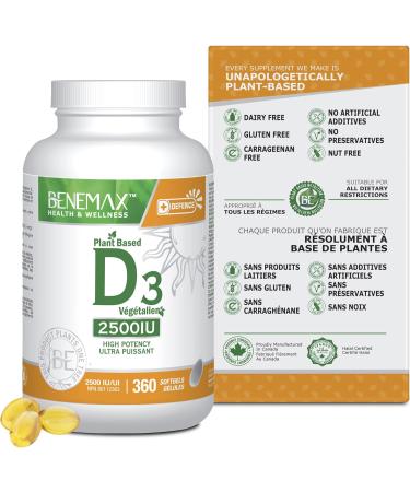 Benemax Vitamin D3 2500 IU For Healthy Bones Teeth and Helps Prevent Vitamin D Deficiency Plant Based & Vegan 360 Day Supply - Buy Online on GoSupps.com