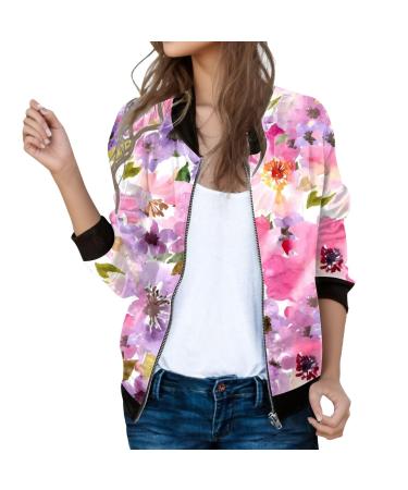 Bomber jacket Women Light with flower pattern women casual jacket aviator jacket zipper summer jacket short outwear college jacket long arm casual jacket ladies' clothing pink m