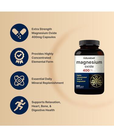 Magnesium Oxide 400mg 400 Capsules | High Purity Elemental Form Extra Strength Essential Mineral Supplements for Muscle Digestion Bone & Heart Support Non-GMO & No Gluten - Buy Online on GoSupps.com