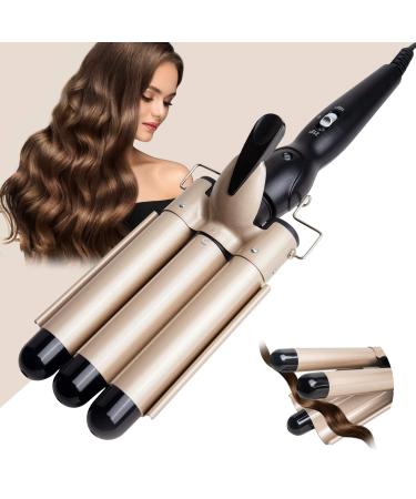 3 Barrel Curling Iron Wand-1 Inch Ceramic Tourmaline Triple Barrels,Dual Voltage Temperature Adjustable 25mm Hair Crimper,Hair Waving Styling Tools Gold