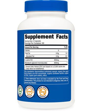 Nutricost L-Lysine + Monolaurin (1 200mg) 120 Capsules - L-Lysine HCI Vegan GMO-Free Gluten-Free 60 Servings - Buy Online on GoSupps.com