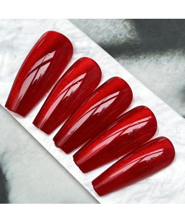 Wine Red Cat Eye Press on Nails | Medium Coffin Gradient Fake Nails | Shiny Acrylic Full Cover | Valentine's Day Manicure - Buy Online on GoSupps.com