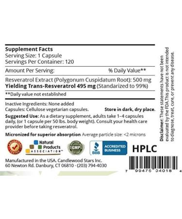 Mega Resveratrol 99% Pure Isolate 500mg Capsules - Pharmaceutical Grade Micronized Trans-Resveratrol - Purity Certified with NO Toxic Additives - 120 Veggie Caps - Buy Online on GoSupps.com