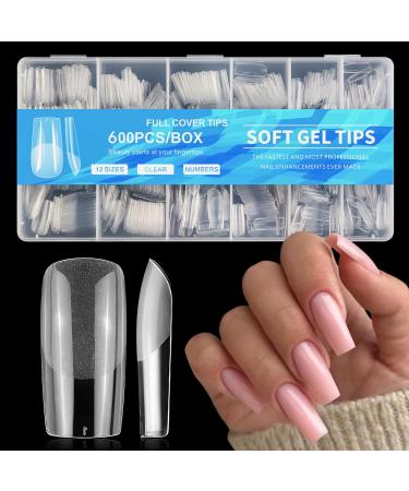 AddFavor 600pcs Square Nail Tips Medium Square Gel X Nail Tips Clear Fake Nails Full Cover Acrylic Nail Tips for Extension Nail Manicure Salon Home DIY E-Medium Sqaure
