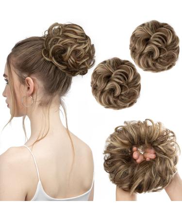 SARLA 2PCS Messy Hair Bun Hair Piece Small Scrunchies Synthetic Bun Hairpieces for Women Girls Updo Hair Extensions (Brunette/Ash Blonde) Brunette / Ash Blonde-2PCS