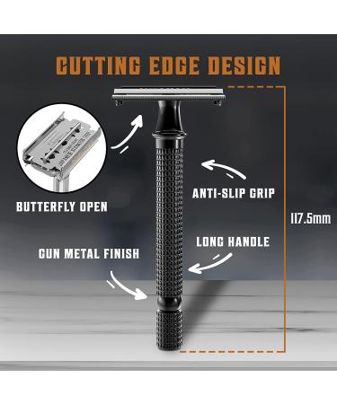 Long Handle Double Edge Safety Razor with 10 Japanese Stainless Steel Blades for Close and Clean Shaving - Black - Buy Online on GoSupps.com