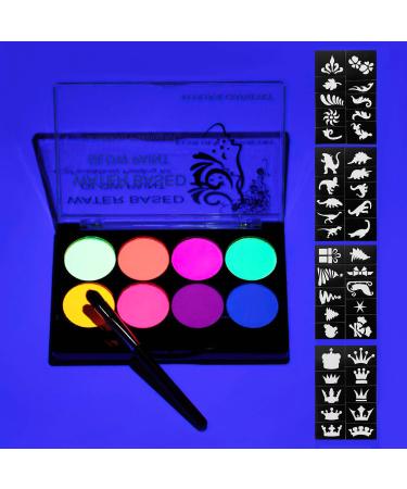 Neon-Face-Paint Nontoxic-and-Washable-Neon-Body-Paint UV-Glow-Paint-in the-Black-Light-with-Brush-and-Mode-Cards Glow-in-the-Dark-Paint-for-Halloween-Festivals-Party-Cosplay-Chritsmas 8-Vibrant-Colors