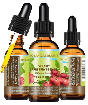 Botanical Beauty ORGANIC CRANBERRY SEED OIL 100% Pure Natural Unrefined Virgin Cold Pressed Carrier Oil. 0.33 fl.oz - 10 ml. for Face Skin Body Hair Lips Nails Anti - Aging Face Oil