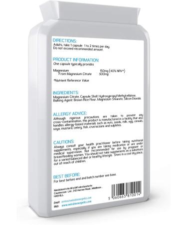 Magnesium Citrate 500mg 120 Capsules - High Potency & Easily Absorbable - 150mg Active Elemental Magnesium - UK Made - Buy Online on GoSupps.com