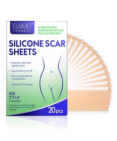 20 PCS Medical Grade Thicken Silicone Scar Sheets (3 x 1.6 )  Silicone Scar Tape Treatment for Surgical  Keloid  Burns  C-Section  Trauma  Silicone Sheets for Scars Reusable 3 x 1.6  - 20 PCS