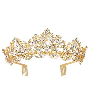 Sppry Women Tiara with Comb - Baroque AB Crystal Crown for Bridal Queen Princess Girls at Wedding Birthday Pageant Party (Gold) Comb End - Gold