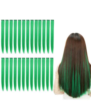 24pcs Green Hair Extensions 20 inch Halloween Party Highlights Clip in Hair Extensions for Girls Heat-Resistant Straight Hairpieces Fake Hair Accessories for Women Kids Girls Halloween Christmas Gifts 24 Pcs Green