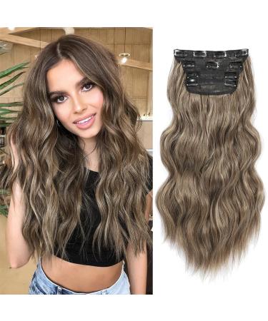 Hair Extensions Clip in 4PCS Light Brown 20Inch Hair Extension Long Wavy Full Head Clip in Hair Extension Synthetic Fiber Hair Pieces for Women