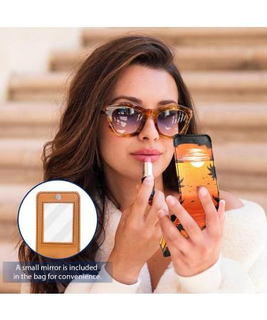 Leather Lipstick Case with Mirror - Mini Lip Gloss Organizer | Beach Palm Tree Sunset Design - Buy Online on GoSupps.com