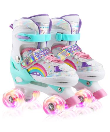 Roller Skates for Girls Kids Child Toddler Beginners, Adjustable 4 Sizes Roller Skates for Adult and Youth with All Light Up Wheels, Patines para nias for Outdoor Indoor Sports Rainbow S-Little Kids (11C-1 US)