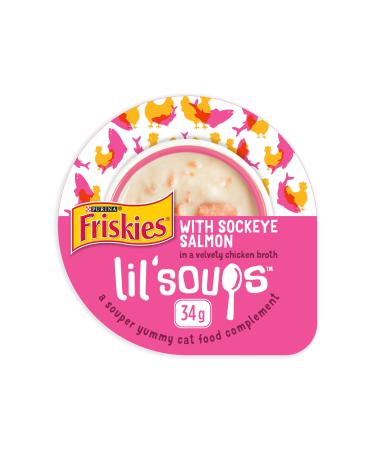 Friskies Lil' Soups Cat Food Complement Sockeye Salmon in a Velvety Chicken Broth - 34 g Cup (8 Pack) Sockeye Salmon in Chicken Broth