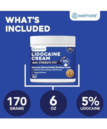 WELMATE - 5% Lidocaine Numbing Cream 6oz (170g) - Maximum Strength Lidocaine Cream - Hemorrhoid Relief - External Use Anesthetic Vitamin E - Child Resistant - Topical Skin Care 6.0 Ounce (1 pack) - Buy Online on GoSupps.com