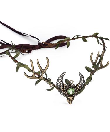 MOSTORY Handmade Deer Antler Crown Headband Forest Elf Headpiece Woodland Green Leaf Tiara Circlet for Wedding Bridal Themed Party Carnival Cosplay Festival Costume Accessory Green