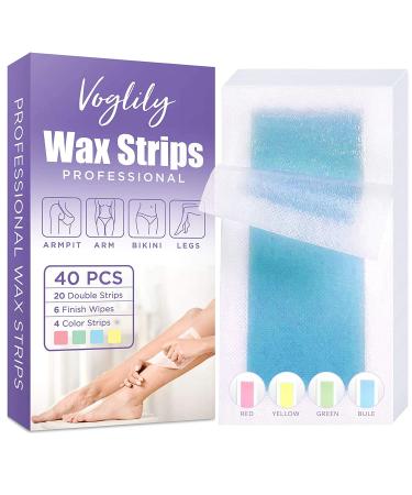 Voglily Wax Strips for Body Leg Bikini Brazilian Underarm Hair Removal Wax Strips  Hair Remover Wax Kit Women and Men  40 Pcs Large Size 4 fragrance 6 finish wipes (40Pcs)