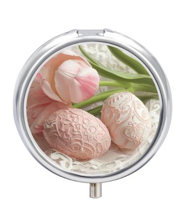 Pill Box Pill Case 3 Compartment Travel Pill Box Tulips and Lace Printing Small Pill Box Portable Medicine Pill Case Pill Organizer for Purse & Pocket for Travel Handbag (Round)