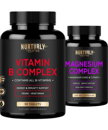 NURTURLY Magnesium and Vitamin B Complex - Magnesium Citrate 500MG - B Vitamins B1 B2 B3 B5 B6 B7 B9 B12 and Biotin - Muscle Relaxatio Sleep and Energy Immunity and Mood Support