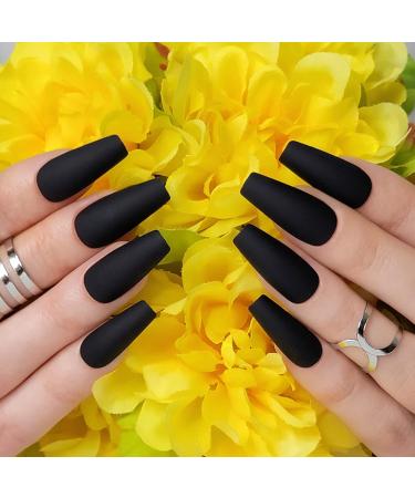 Hypnaughty 24 Pcs Noir Black Matte Luxury Coffin Press on Nails with Glue Medium Long Solid Black Color False Nails (Noir)