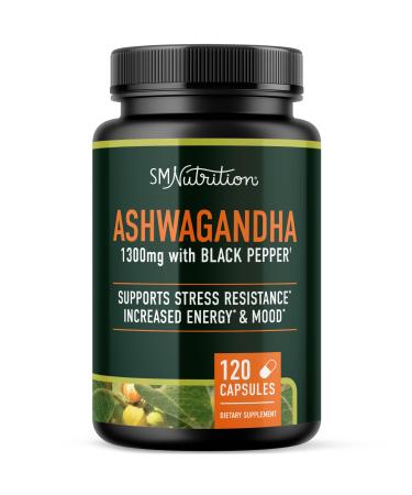 Ashwagandha Supplement 1300mg for Stress Resistance & Energy Boost | High Absorption Adaptogen from Root Powder with Black Pepper | Stress-Related Fatigue Support | Non-GMO | 120ct 2-Month Supply