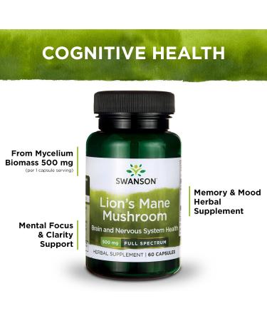 Swanson Lion's Mane Mushroom 500 mg - Memory Support - 60 Capsules (Pack of 4) - Buy Online on GoSupps.com