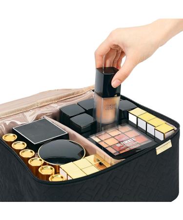 NISHEL Double Layer Travel Makeup Bag with Strap - Large Cosmetic Case Organizer for Bottles, Brushes, Tweezers, Eyeliner - Black(Tall Design) - Buy Online on GoSupps.com