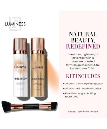LUMINESS Airbrush Veil Tinted Moisturizer Kit - Lightweight Hydrating Primer & Buffing Brush (Light Medium 030) | Skin-Plumping Face Spray for Radiant Skin - Buy Online on GoSupps.com
