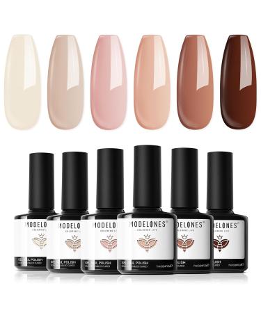 Modelones Gel Nail Polish 6 Colors Nude Gel Polish All Seasons Skin Tones Pink Neutral Brown Gel Polish Set Soak Off Gel Nail Kit Manicure DIY at Home Nail Art Salon Gift Nude Brown