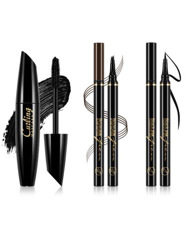 Boobeen 3 in 1 Eye Makeup Set with Liquid Eyeliner Pen Microblading Eyebrow Pencil and Volume Mascara for Eyelashes Quick-dry Waterproof Formula Long Lasting Smudge-proof All Day Natural Eye Look Dark Brown Eyebrow