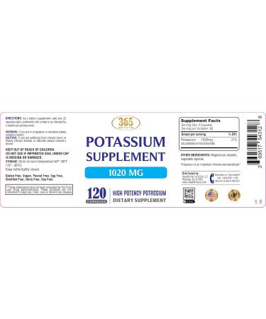 365 Health Potassium Supplement 1020 mg | Potassium Bicarbonate | Non-GMO | Gluten Free | Made in USA | 120 Vegetarian Capsules 120 Count (Pack of 1) - Buy Online on GoSupps.com
