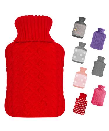 Hot Water Bottles with Cover UK 2L Hot Water Bag Large for Pain Relief Neck Feet Back Period Kids Small Hot Water Bottle with Elegant Knitted Covers Bed Warmer Foot Warmer Red