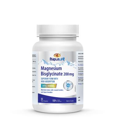 MapleLife Nutrition Magnesium Bisglycinate 200mg High Absorption Maintain Bones and Teeth Muscle Function Support Tissue Formation Natural Ingredients No Artificial Flavours/Colours No Preservatives 90 Capsules 90 Servings