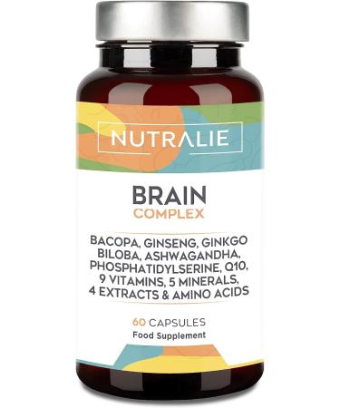 Nutralie Nootropic Brain Supplement - Memory - Concentration - Energy - Focus - Ginkgo Biloba - Bacopa Monnieri - Choline L-Tyrosine Ginseng + Vitamins - Brain Complex Booster - 60 Capsules