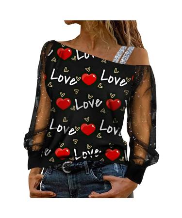 QWUVEDS Earrings Various Sizes Women's Valentine's Day Love Print Button Stitching Lace Long Sleeve Top Women's Top Elegant Red M